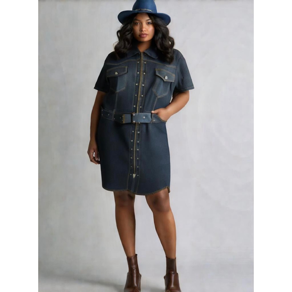 Zoey Beth Plus Women's Blue Denim Dress Sz XL Collard Neck Belt Decorative Studs